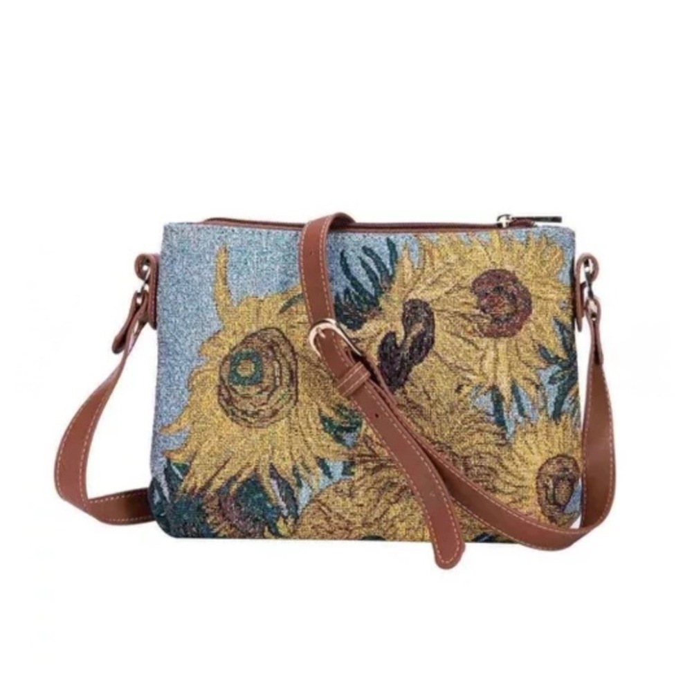 Signare Tapestry Crossbody Bag Sunflower Van Gogh Floral Woven Purse